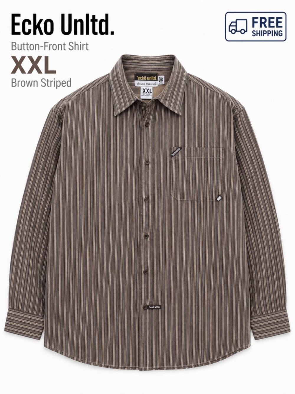Ecko Unltd Men's XXL Brown Striped 100% Cotton Long Sleeve Button Up Shirt